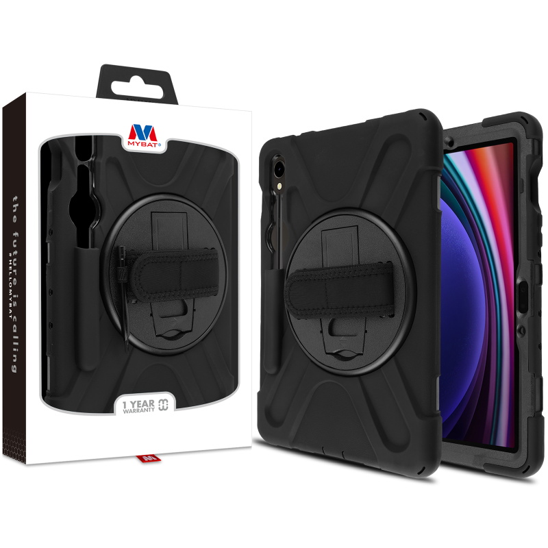 Picture of MyBat Rotatable Stand Protector Case (with Wristband) for Samsung Galaxy Tab S9 - Black / Black