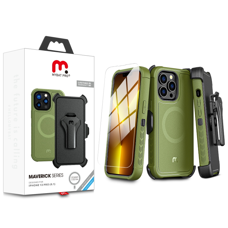 Picture of MyBat Pro Maverick Series MagSafe Case w/ Holster and Tempered Glass for Apple iPhone 13 Pro (6.1) - Army Green