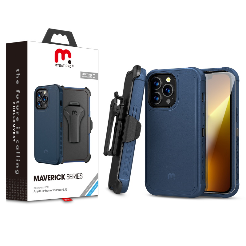 Picture of MyBat Pro Maverick Series Case w/ Holster and Tempered Glass for Apple iPhone 13 Pro (6.1) - Blue