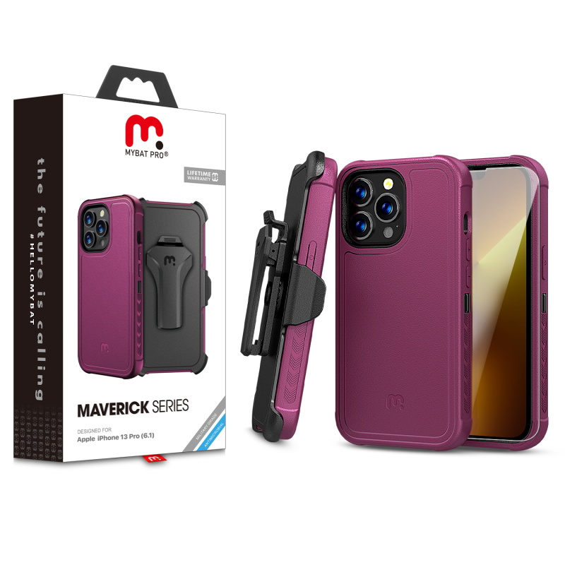 Picture of MyBat Pro Maverick Series Case w/ Holster and Tempered Glass for Apple iPhone 13 Pro (6.1) - Plum