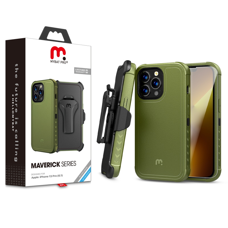 Picture of MyBat Pro Maverick Series Case w/ Holster and Tempered Glass for Apple iPhone 13 Pro (6.1) - Army Green