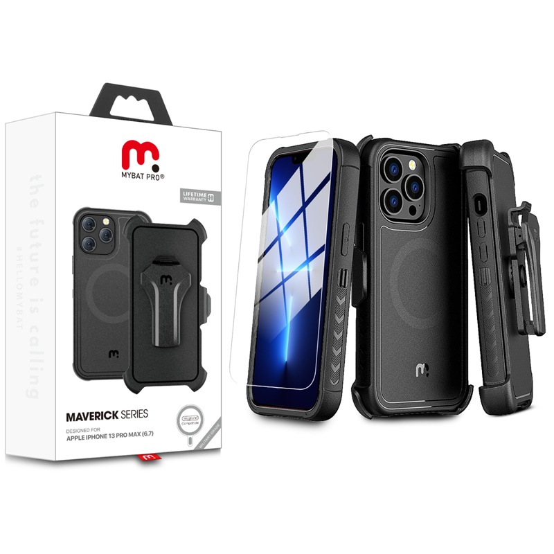 Picture of MyBat Pro Maverick Series MagSafe Case w/ Holster and Tempered Glass for Apple iPhone 13 Pro Max (6.7) - Black