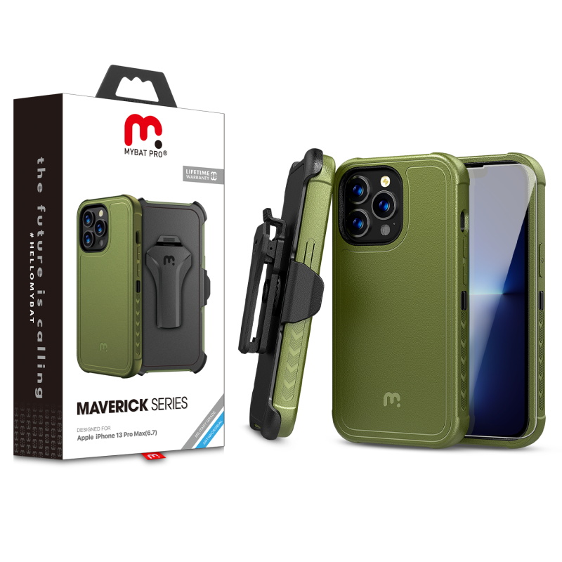 Picture of MyBat Pro Maverick Series Case w/ Holster and Tempered Glass for Apple iPhone 13 Pro Max (6.7) - Army Green