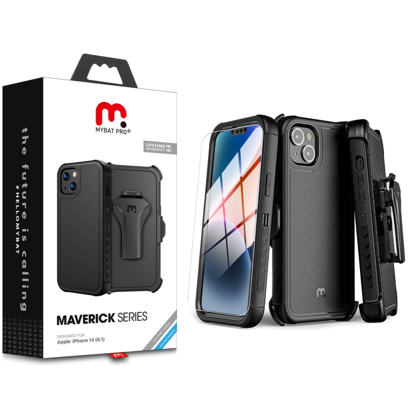 Picture of MyBat Pro Maverick Series Case w/ Holster and Tempered Glass for Apple iPhone 14 (6.1) / 13 (6.1) - Black