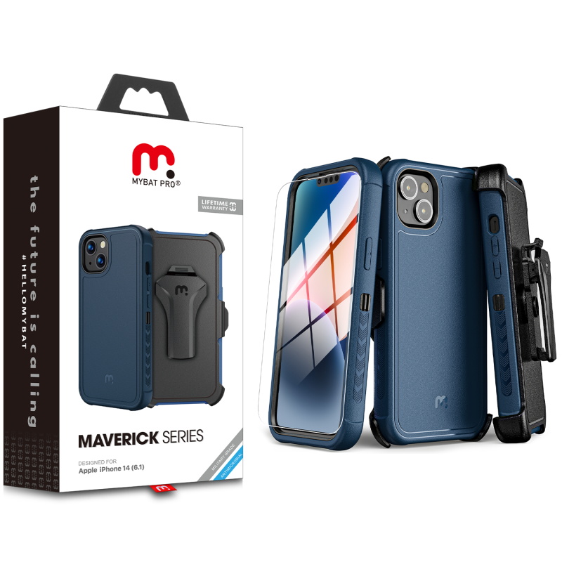 Picture of MyBat Pro Maverick Series Case w/ Holster and Tempered Glass for Apple iPhone 14 (6.1) / 13 (6.1) - Blue