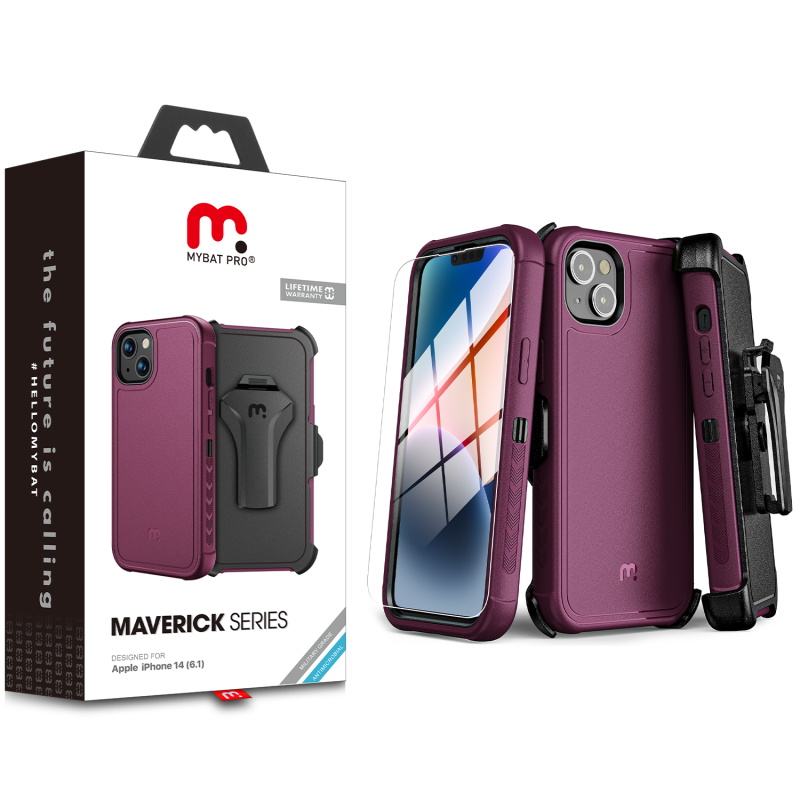 Picture of MyBat Pro Maverick Series Case w/ Holster and Tempered Glass for Apple iPhone 14 (6.1) / 13 (6.1) - Plum