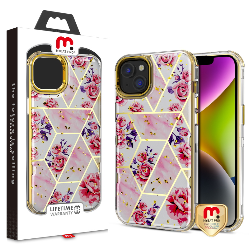 Picture of MyBat Pro TUFF Kleer Hybrid Case for Apple iPhone 14 (6.1) - Electroplated Roses Marble / Electroplating Gold