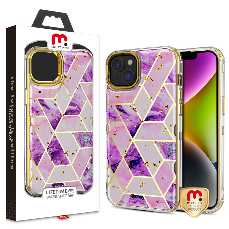 Picture of MyBat Pro TUFF Kleer Hybrid Case for Apple iPhone 14 (6.1) - Electroplated Purple Marble / Electroplating Gold