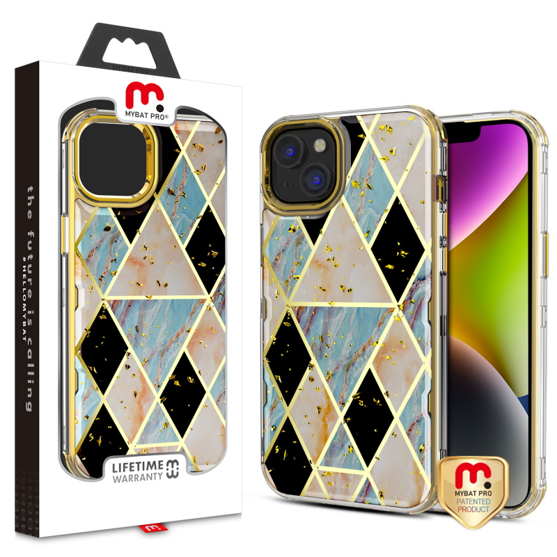 Picture of MyBat Pro TUFF Kleer Hybrid Case for Apple iPhone 14 (6.1) - Electroplated Blue Marble / Electroplating Gold