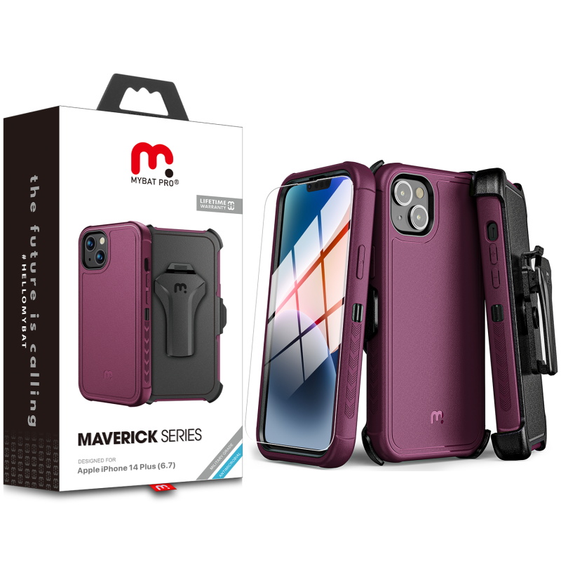 Picture of MYBAT Pro Maverick Series MagSafe Case w/ Holster and Tempered Glass for Apple iPhone 14 Plus (6.7) - Plum