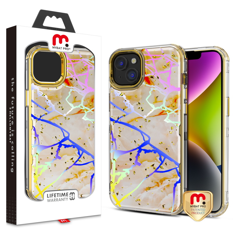 Picture of MyBat Pro TUFF Kleer Hybrid Case for Apple iPhone 14 Plus (6.7) - Pale Yellow Marbling / Electroplating Gold