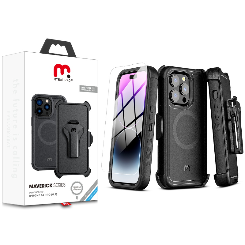Picture of MyBat Pro Maverick Series MagSafe Case w/ Holster and Tempered Glass for Apple iPhone 14 Pro (6.1) - Black