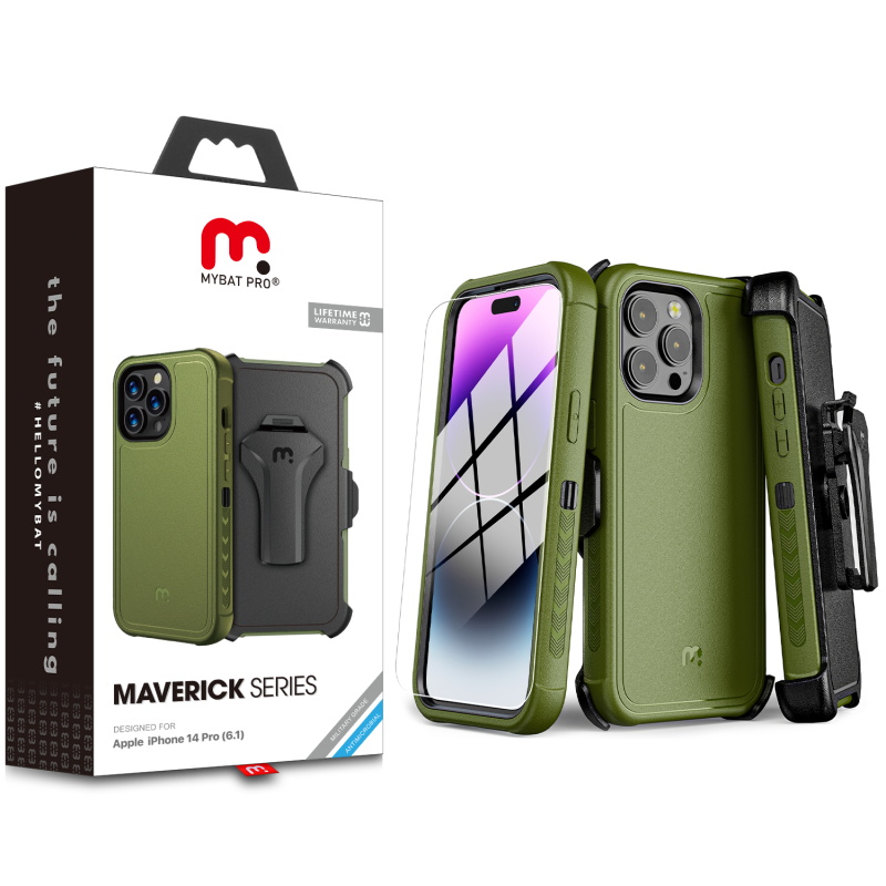 Picture of MyBat Pro Maverick Series Case w/ Holster and Tempered Glass for Apple iPhone 14 Pro (6.1) - Army Green