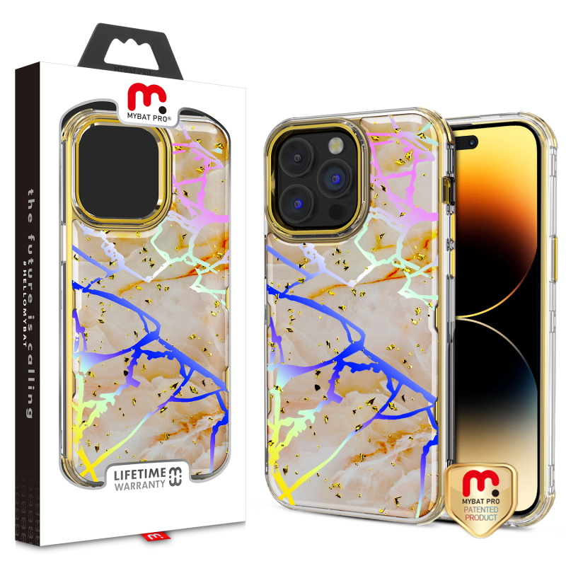 Picture of MyBat Pro TUFF Kleer Hybrid Case for Apple iPhone 14 Pro (6.1) - Pale Yellow Marbling / Electroplating Gold
