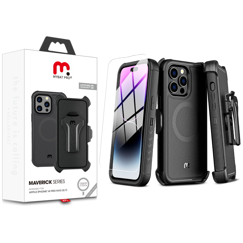 Picture of MyBat Pro Maverick Series MagSafe Case w/ Holster and Tempered Glass for Apple iPhone 14 Pro Max (6.7) - Black