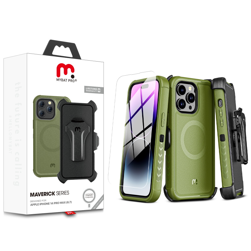 Picture of MyBat Pro Maverick Series MagSafe Case w/ Holster and Tempered Glass for Apple iPhone 14 Pro Max (6.7) - Army Green