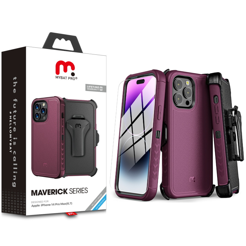 Picture of MyBat Pro Maverick Series Case w/ Holster and Tempered Glass for Apple iPhone 14 Pro Max (6.7) - Plum