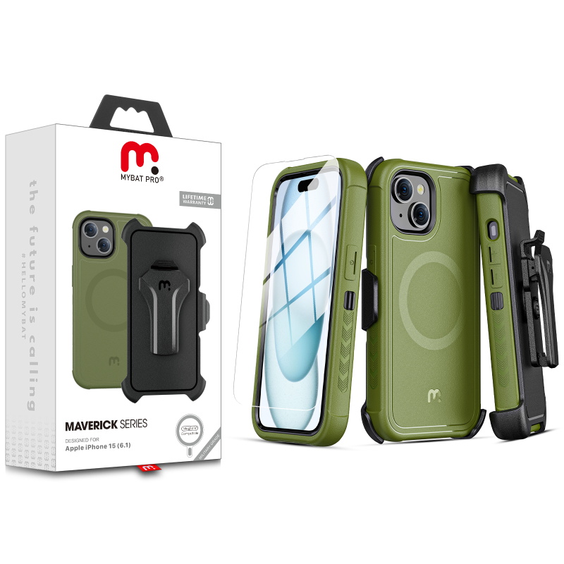 Picture of MyBat Pro Maverick Series MagSafe Case w/ Holster and Tempered Glass for Apple iPhone 15 (6.1) - Army Green