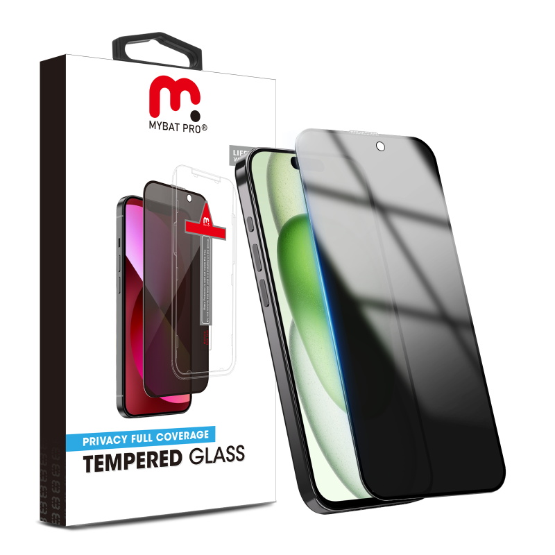 Picture of MyBat Pro Privacy Full Coverage Tempered Glass Screen Protector w/ Installation Tray for Apple iPhone 15 Plus (6.7) - Black