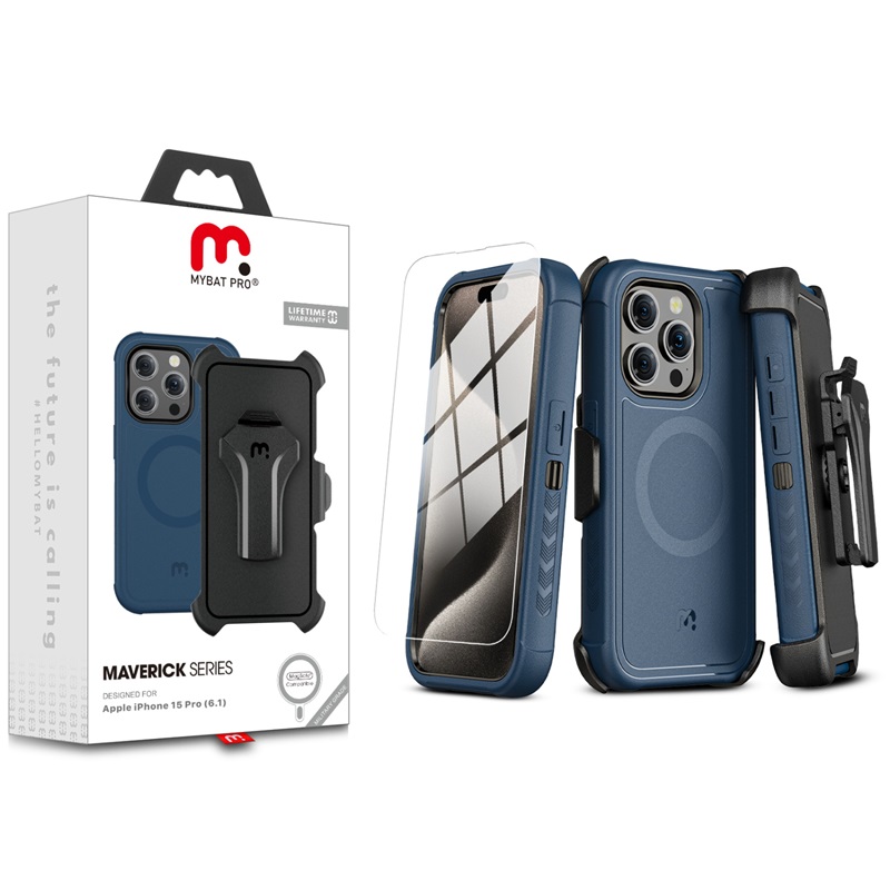 Picture of MyBat Pro Maverick Series MagSafe Case w/ Holster and Tempered Glass for Apple iPhone 15 Pro (6.1) - Blue
