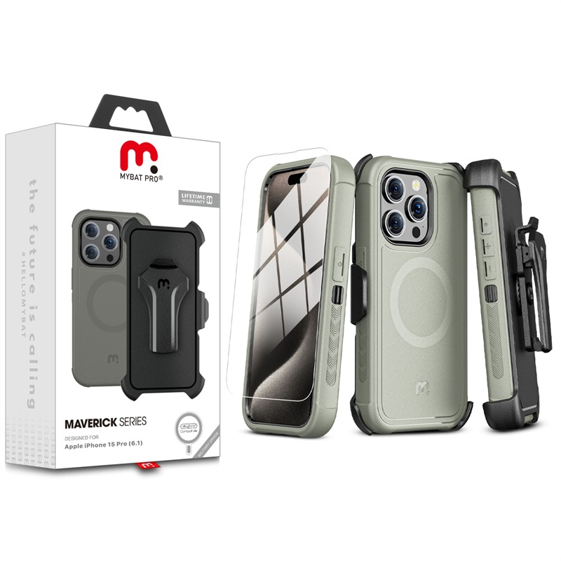 Picture of MyBat Pro Maverick Series MagSafe Case w/ Holster and Tempered Glass for Apple iPhone 15 Pro (6.1) - Gray