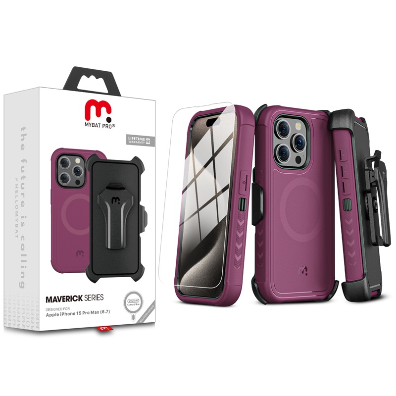 Picture of MyBat Pro Maverick Series MagSafe Case w/ Holster and Tempered Glass for Apple iPhone 15 Pro Max (6.7) - Plum