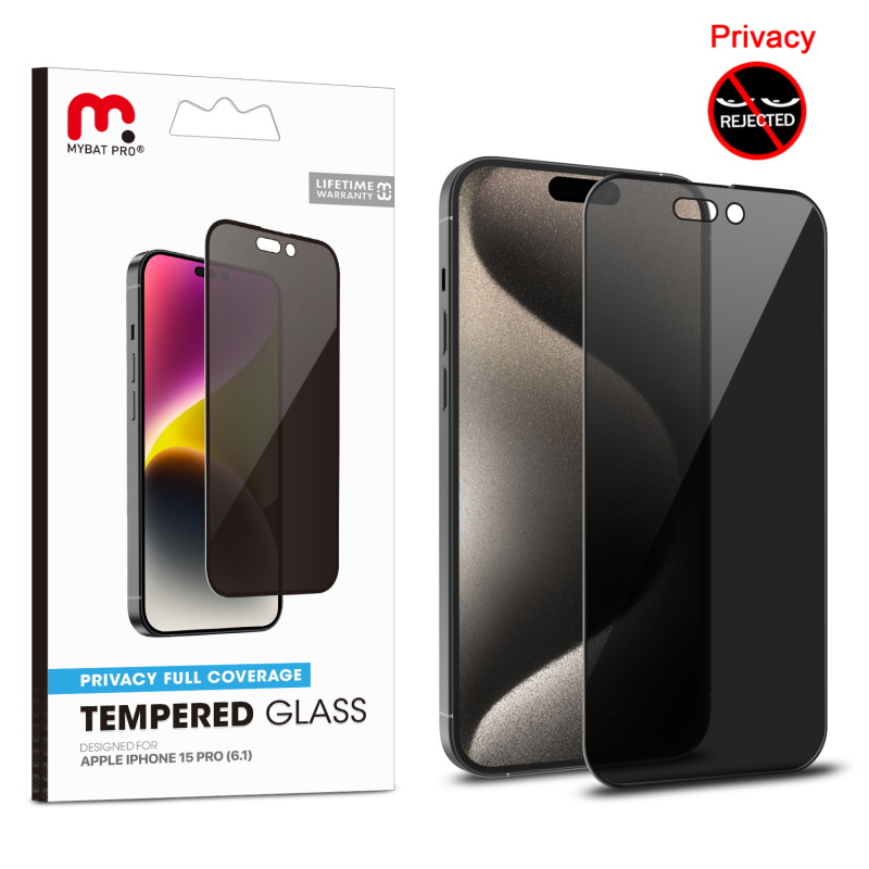 Picture of MyBat Pro Privacy Full Coverage Tempered Glass Screen Protector for Apple iPhone 15 Pro (6.1) - Black