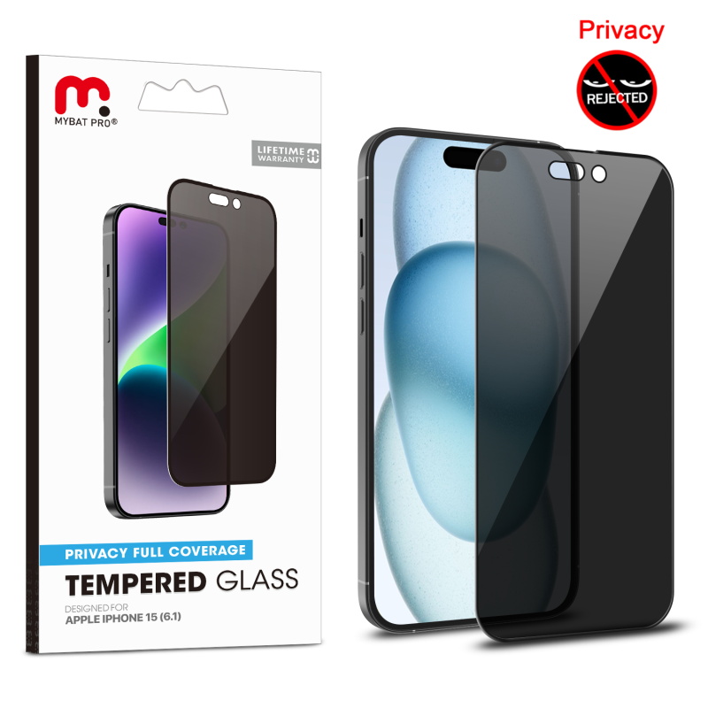 Picture of MyBat Pro Privacy Full Coverage Tempered Glass Screen Protector for Apple iPhone 15 (6.1) - Black