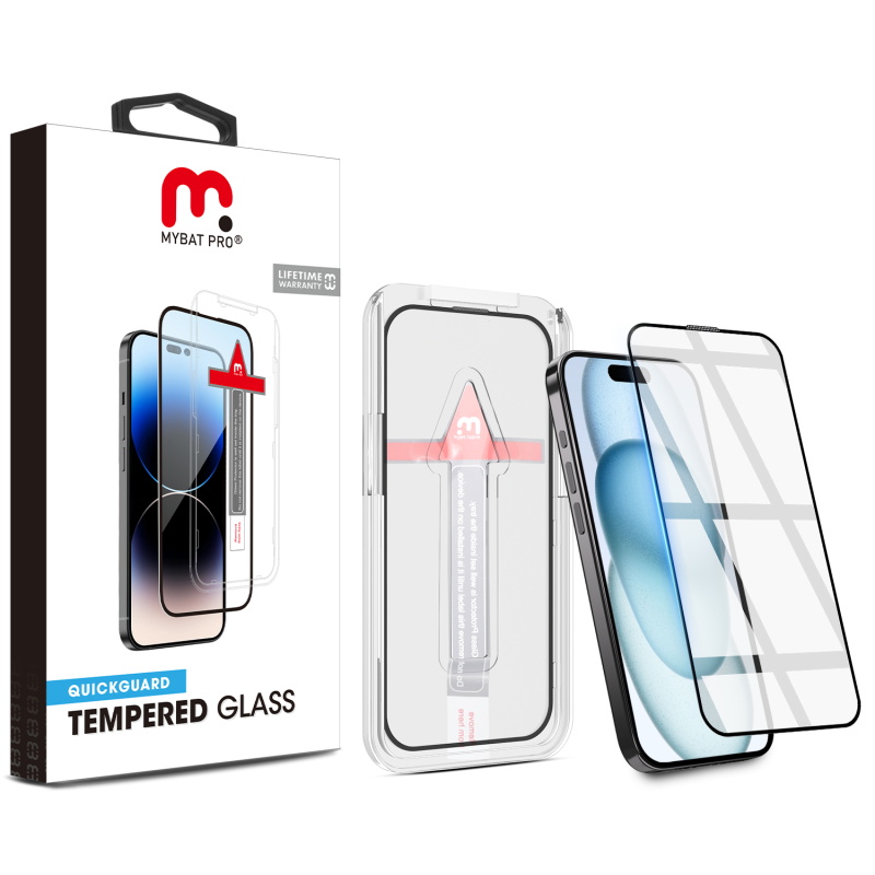 Picture of MyBat Pro QuickGuard Tempered Glass Screen Protector w/ Installation Tray for Apple iPhone 15 (6.1) - Black