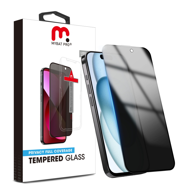 Picture of MyBat Pro Privacy Full Coverage Tempered Glass Screen Protector w/ Installation Tray for Apple iPhone 15 (6.1) - Black