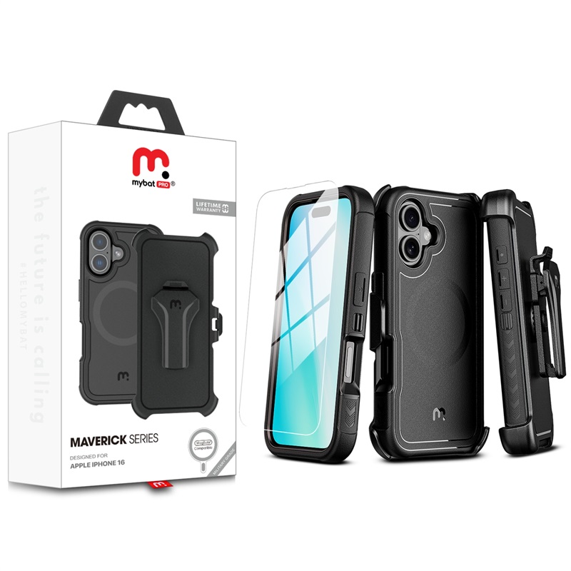 Picture of MyBat Pro Maverick Series MagSafe Case w/ Holster and Tempered Glass for Apple iPhone 16 - Black