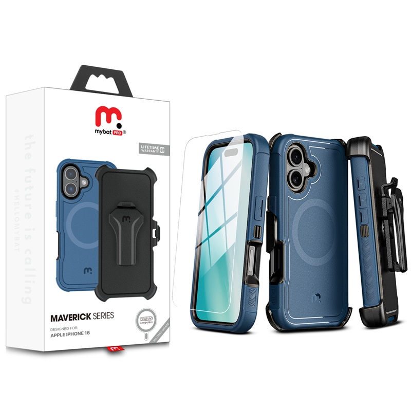 Picture of MyBat Pro Maverick Series MagSafe Case w/ Holster and Tempered Glass for Apple iPhone 16 - Blue