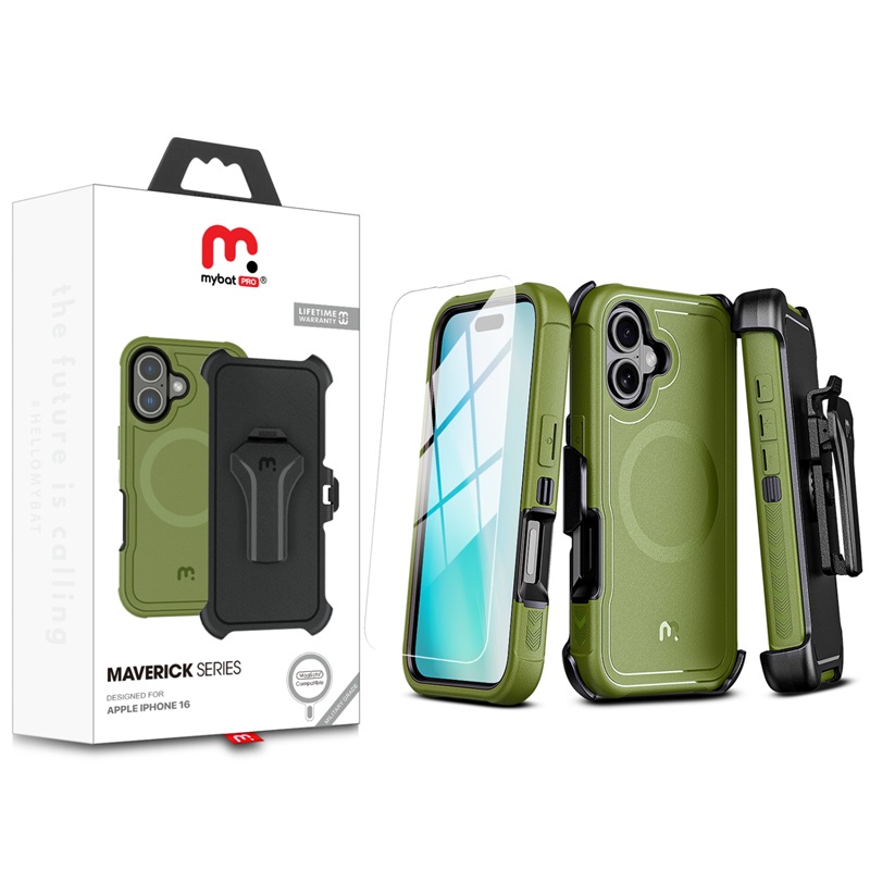 Picture of MyBat Pro Maverick Series MagSafe Case w/ Holster and Tempered Glass for Apple iPhone 16 - Army Green