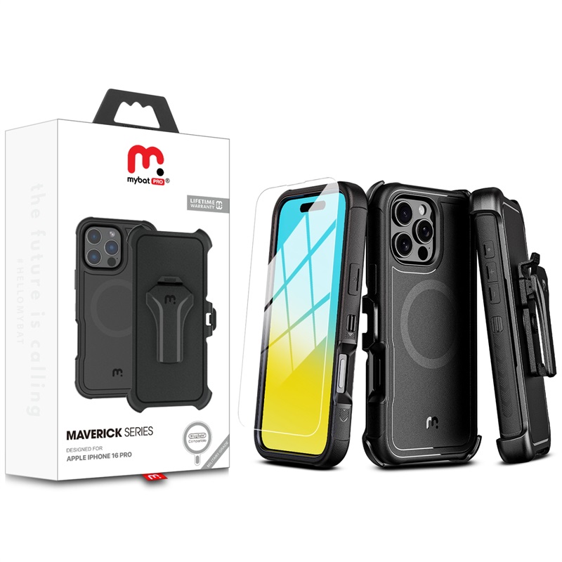Picture of MyBat Pro Maverick Series MagSafe Case w/ Holster and Tempered Glass for Apple iPhone 16 Pro - Black