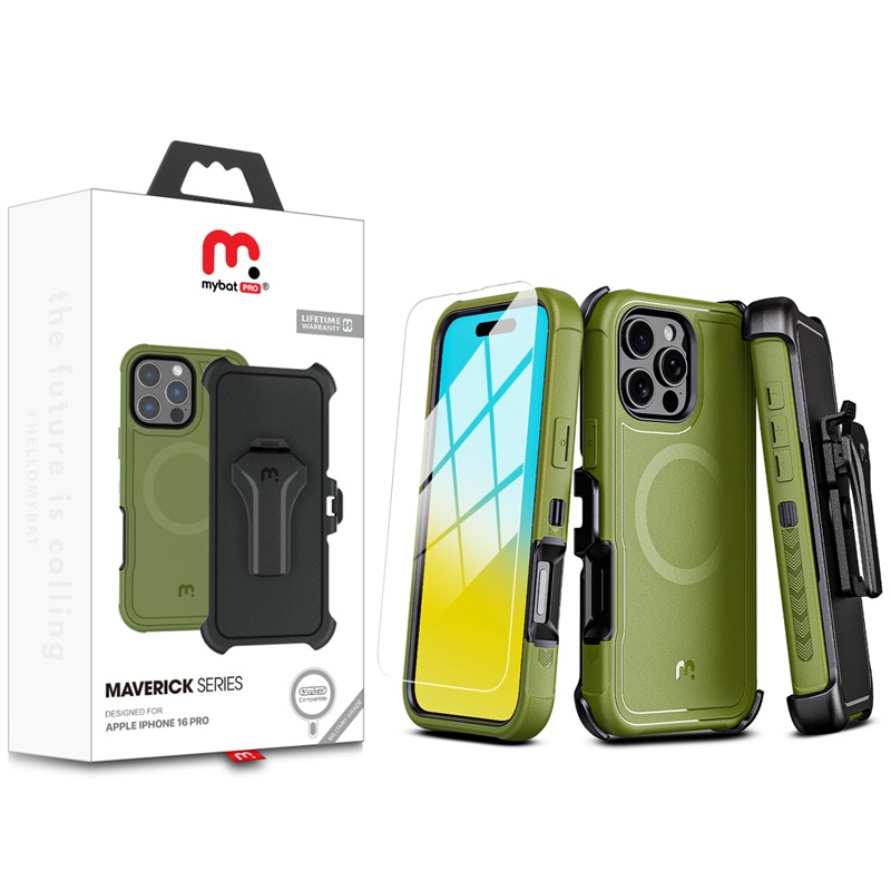 Picture of MyBat Pro Maverick Series MagSafe Case w/ Holster and Tempered Glass for Apple iPhone 16 Pro - Army Green