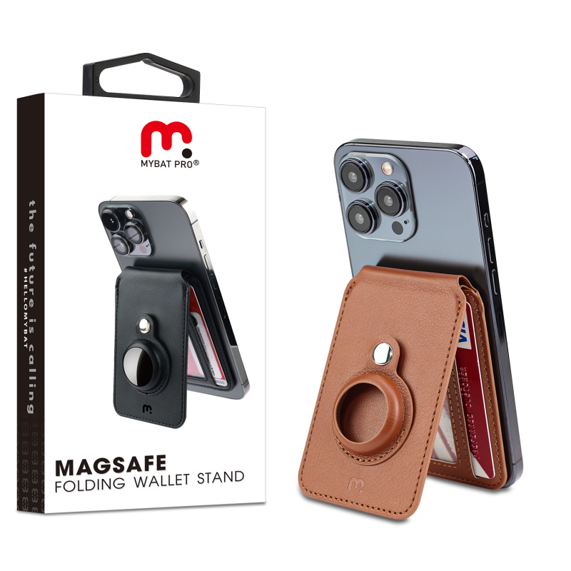 Picture of MyBat Pro Lychee Pattern Magnetic MagSafe Folding Card Holder with Tracker Case for Apple AirTag - Brown