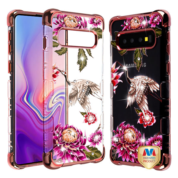 Picture of MyBat Diamante TUFF Klarity Lux Candy Skin Cover for Samsung Galaxy S10 - Rose Gold Plating / Crane