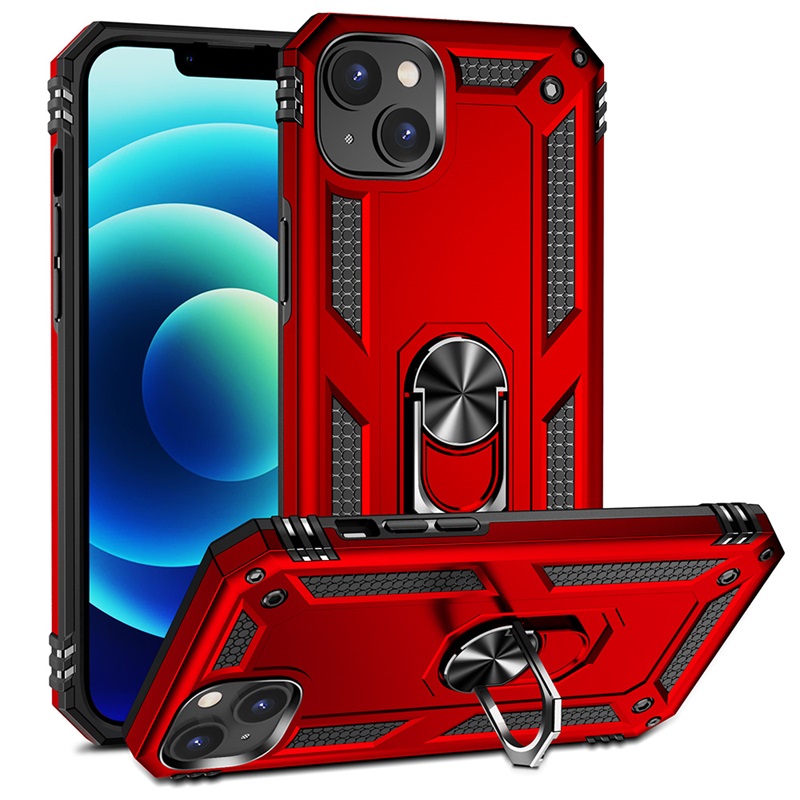 Picture of FOR IPHONE 15 PLUS (6.7") / IPHONE 14 PLUS (6.7") RUBBERIZED HYBRID PROTECTIVE CASE W/ SHOCK ABSORPTION & BUILT-IN ROTATABLE RING STAND - RED