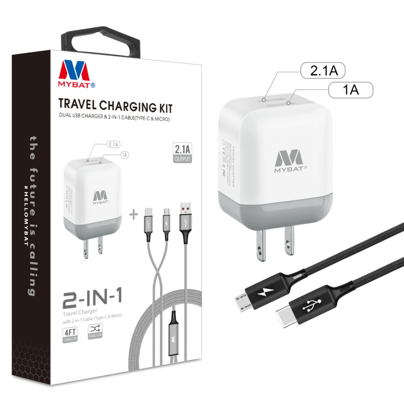 Picture of MyBat Fast Travel Charging Kit(Travel Charger & Type-C/Micro USB 2-in-1 Cable) - White / Black