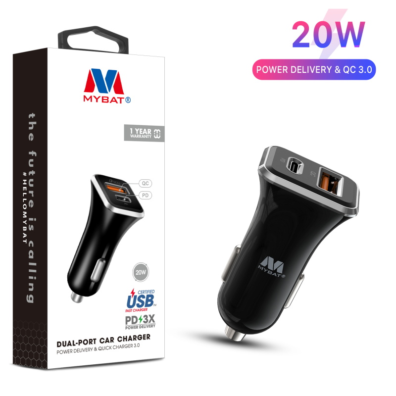 Picture of MyBat Fast Charging Car Charger with Dual Port USB-A QC3.0 and USB-C Power Delivery (20W) - Black